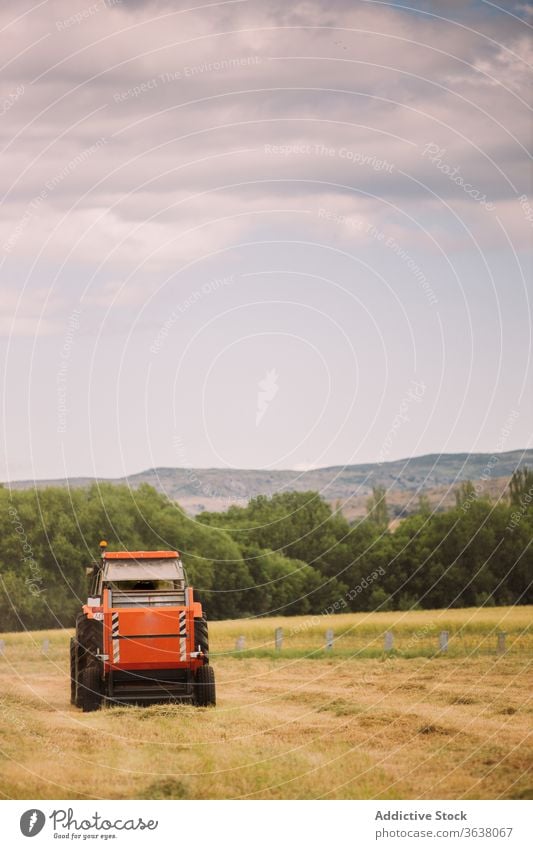 Tractor driving and harvesting hay on field tractor grass man sunny industrial machine drive male agriculture rural nature dry work daytime summer agronomy