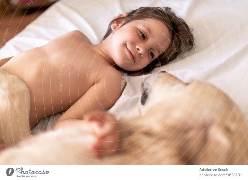 Happy girl lying with dog on crumpled bed sheet rest affection companion toothy smile together idyllic home harmony hovawart pet mammal canine calm breed