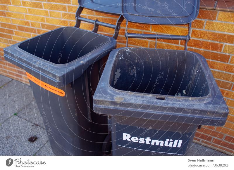 two open waste bins next to each other Trash container Exterior shot Colour photo Deserted Environmental protection Day Wall (building) Recycling