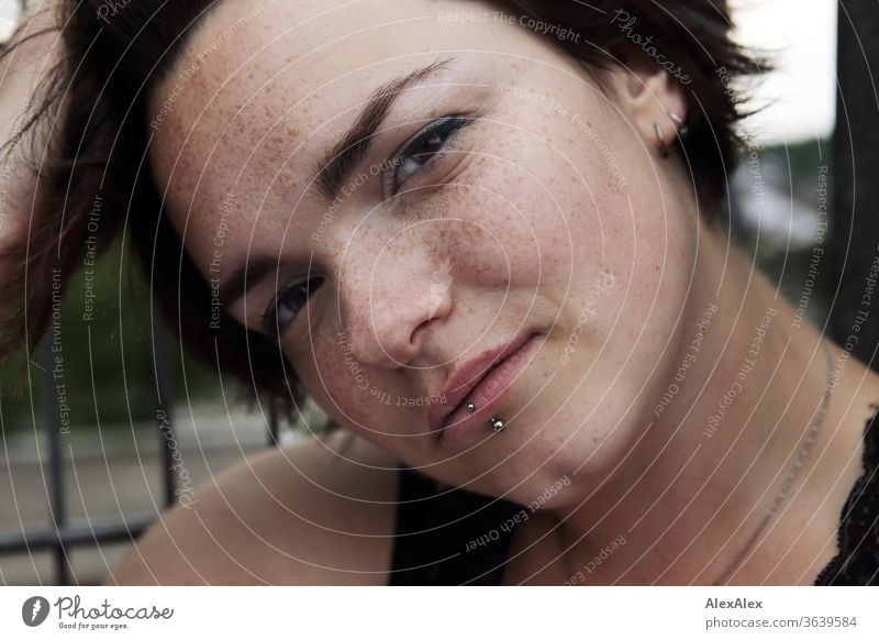 Portrait of a young, freckled woman Young woman Top windy hair brunette already Intensive Youth (Young adults) 18-25 years décolleté Looking into the camera