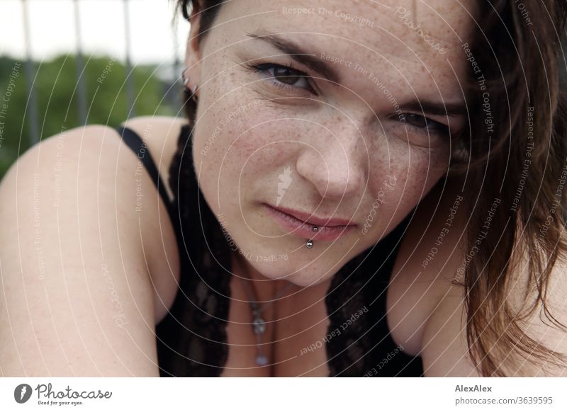 Portrait of a young, freckled woman Young woman Top windy hair brunette already Intensive Youth (Young adults) 18-25 years décolleté Looking into the camera