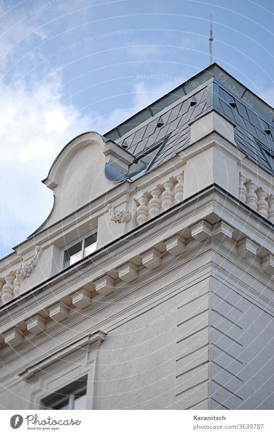 A room on the roof and a bright blue sky. Roof Attic extension Attic room tower room Window Skylight Wall (building) Facade cladding Stucco work Adorned