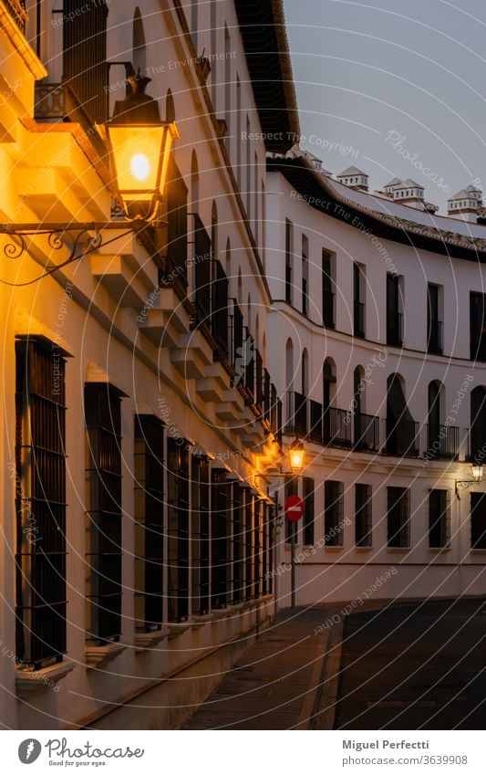 Street with many windows and balconies on the facade, all the same and repeated and with the streetlights on lampposts architecture exterior village night