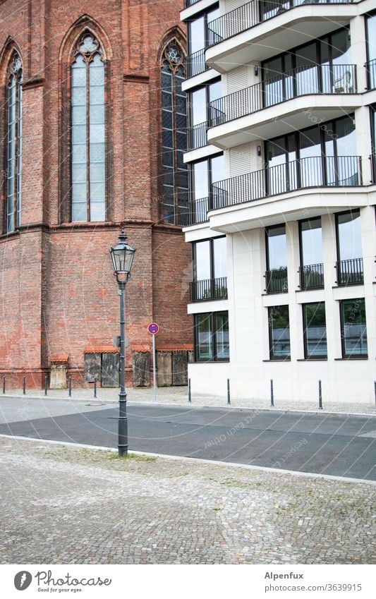 generation conflict Facade Old New New building Old building Church Architecture Window Wall (barrier) Deserted Exterior shot Colour photo Berlin built Town