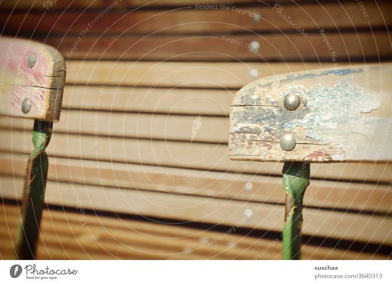 Back of a wooden chair back Chair Wooden chair Sidewalk café Wooden bench out Sit Seating urban Town dilapidated Backrest Furniture Old Loneliness Empty