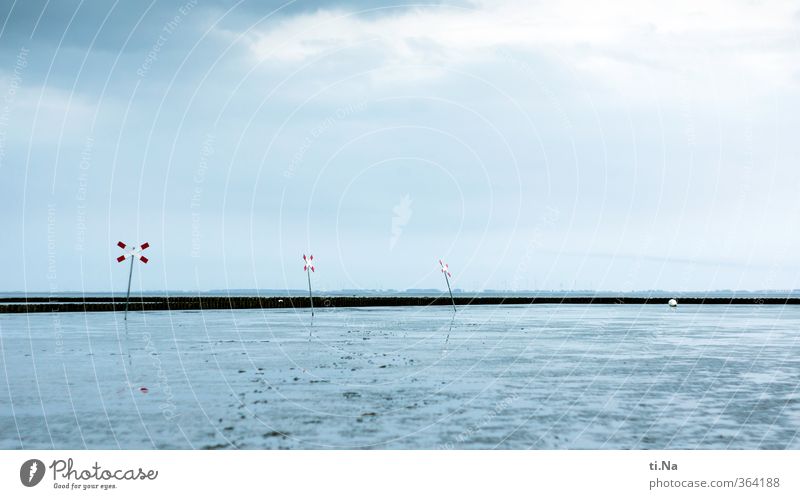 a cross with low tide Landscape Water Clouds Sunlight Spring Summer Beautiful weather Coast North Sea Mud flats Infinity Blue Gray Red Turquoise White Tourism