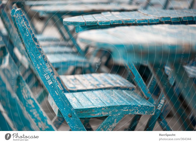 Vintage Blue (II) Chair Table Town Wood Old Esthetic Hip & trendy Retro Trashy Under Café Sidewalk café Deserted Loneliness Beaded Wooden table Wooden chair