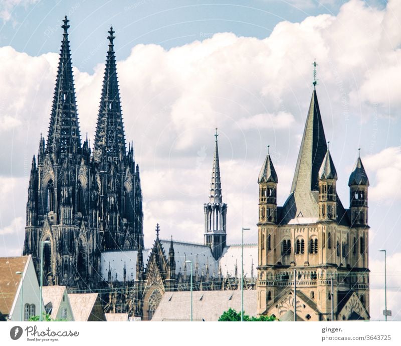 Cologne church towers - Cathedral and Groß Sankt Martin Cologne Cathedral Gross St. Martin church Skyline Dome Tourist Attraction Landmark Town Exterior shot