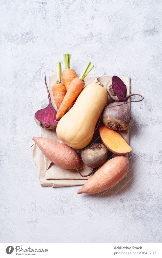 Fresh vegetables prepared for cooking. food season produce vegetarian healthy natural carrot above raw green ingredient butternut squash beetroot nature vegan