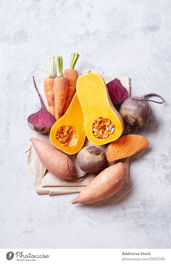 Fresh vegetables prepared for cooking. food season produce vegetarian healthy natural carrot above raw green ingredient butternut squash beetroot nature vegan