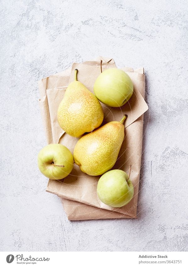 Fresh yellow pears viewed from above fruit apple top view agriculture harvest summer overhead ingredient dessert cooking sweet produce homegrown healthy food