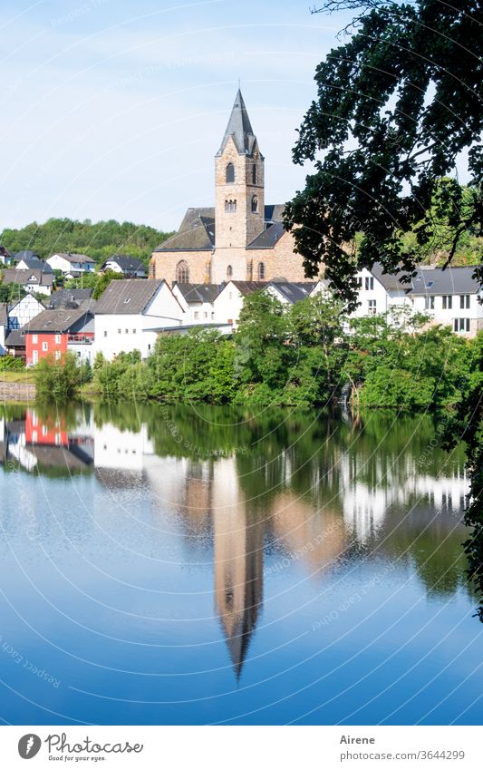 an Eifel Tower Lake Church Reflection Relaxation Idyll Water Maar Hiking idyllically neat Pond nature conservation Village Calm Sky Church spire Fishing village