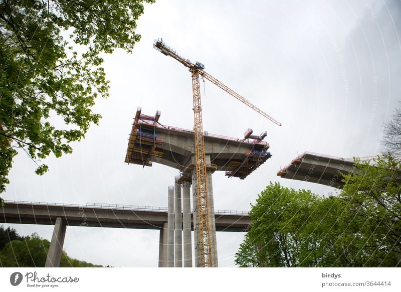 Bridge works, construction of a new motorway bridge near Limburg an der Lahn New building Crane Section Tall Lahn valley Hesse Highway Scaffolding