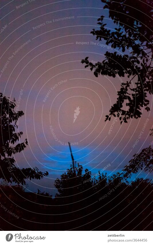 Noctilucent clouds in the garden Evening Night conceit Sky Clouds night clouds reflection Window Slice tree Twig trunk Tree trunk Gap in the clouds Illuminate