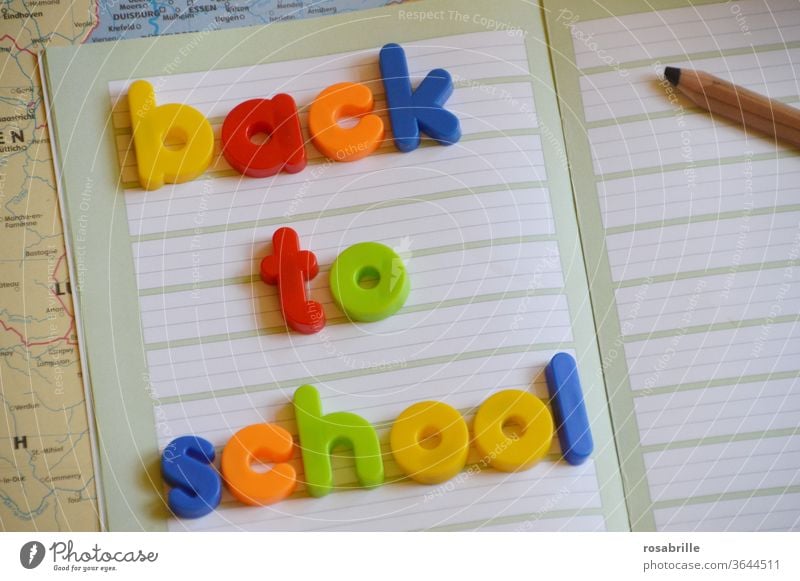 magnetic letters BACK TO SCHOOL on notebook and school utensils | printed product | a little freely interpreted Letters (alphabet) School start of school