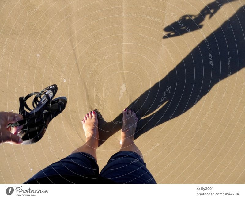 barefoot on the beach... Beach Sandy beach Barefoot Shadow Legs Sandal Stand Summer luck Footwear Woman Toes Painted toenails Vacation & Travel Relaxation