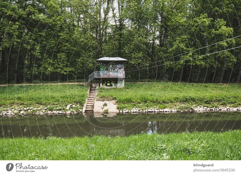 Architecture and nature | Graffiti smeared building on the banks of the Kinzig fink Rope River Brook Dike House (Residential Structure) Stairs Forest