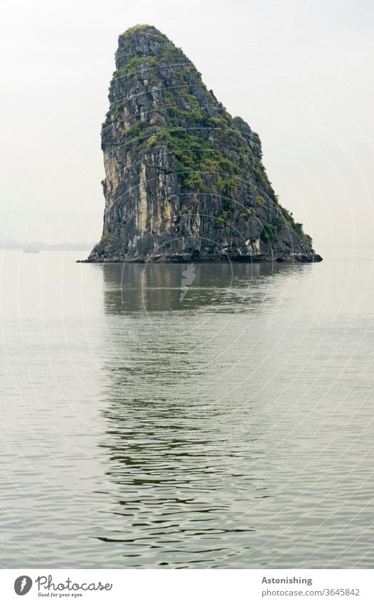 steep rock in Halong-Bay, vietnam Steep Tall Rock mightily great Might Sky peak ocean vacation voyage Shadow Exotic Fog Light Weather Gray plants Vantage point