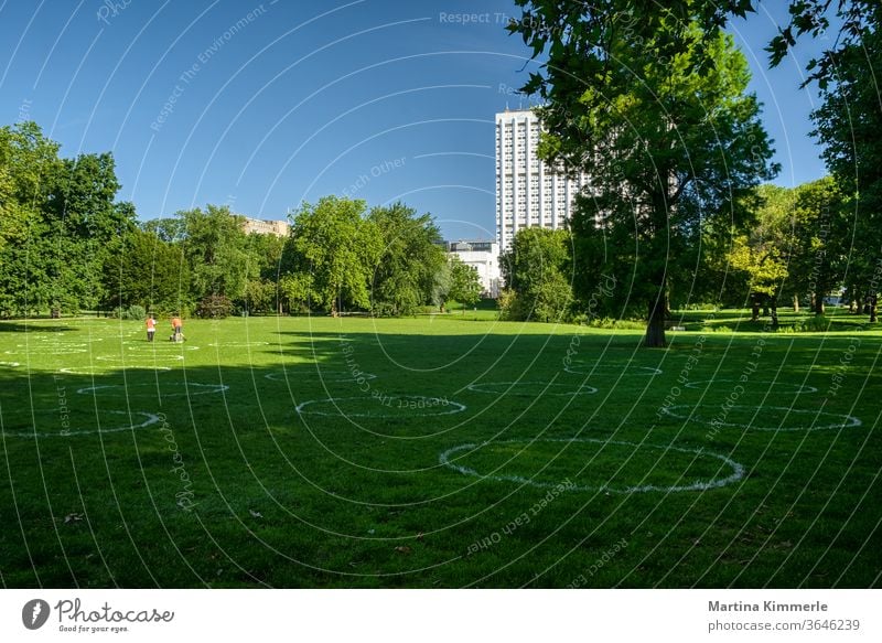 Chalk circles on the lawn in a park to keep the minimum distance. Social distancing. Corona, Covid19 in Rotterdam. keep sb./sth. apart activity tree huts