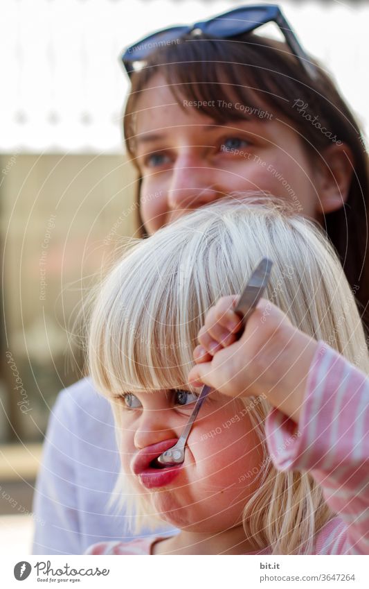 Sunday cafe Child girl Toddler Spoon Cutlery Eating Spoon up Nutrition Infancy Human being 1 - 3 years Parenting Delicious fringe hairstyle Blonde Lunch Ice