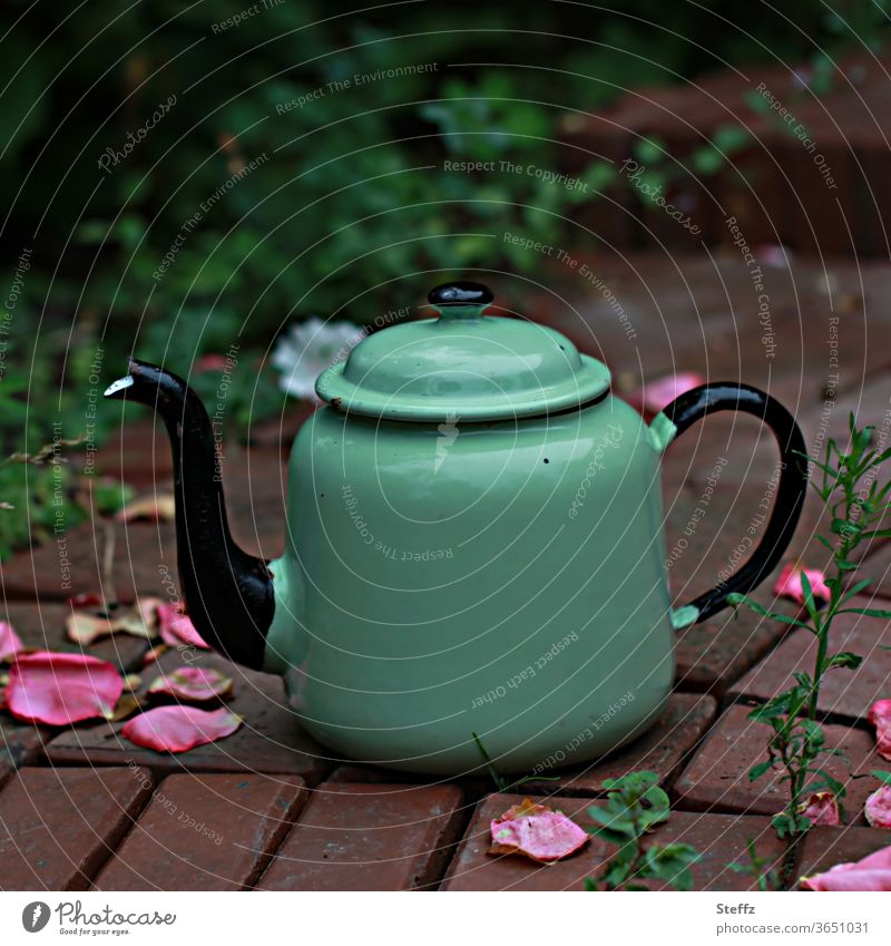 Tea break in the garden tea break Teapot garden time Work break Rose leaves Gardening Garden path Rose scent Break petals Jug with lid Old fashioned Retro