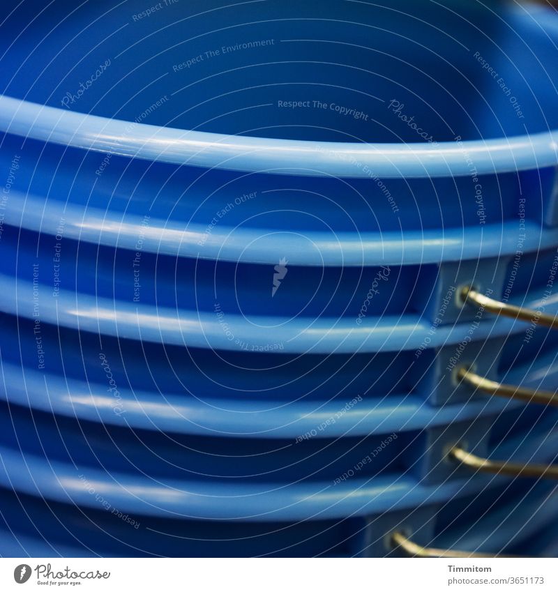 Bucket in a bucket Plastic Blue Glittering Bucket hanger Metal Colour photo Deserted Detail round lines pile