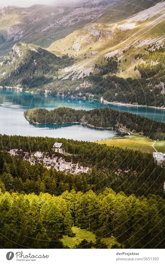 Morning view of the Silsersee in the Engadin in Graubünden Sunbeam Day Light Exterior shot Alps Nature Nature reserve Effort Environment Hiking Mountain