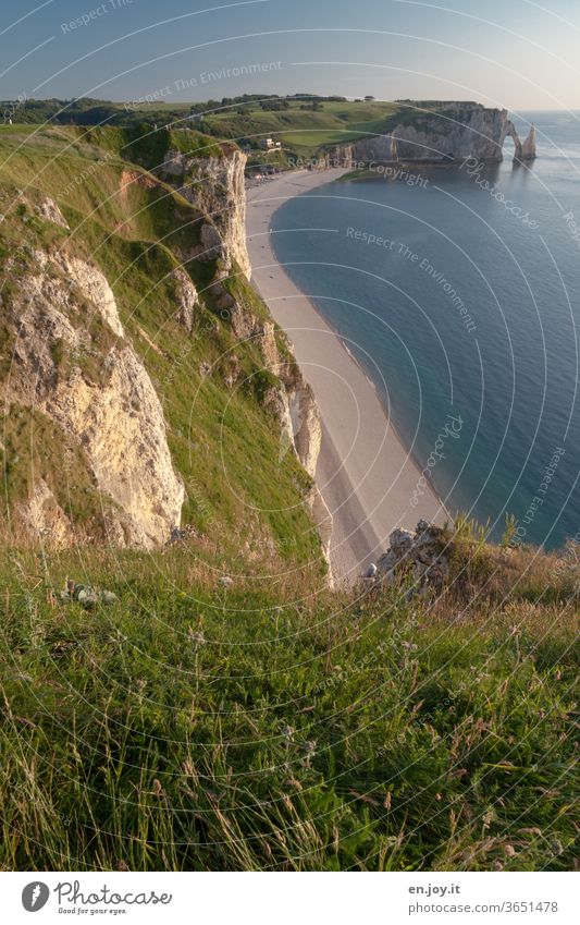 Chalk cliffs of Étretat France Normandie Beach steep coast Limestone rock Rock Ocean Horizon Vacation & Travel rock needle Far-off places Panorama (View) Grass