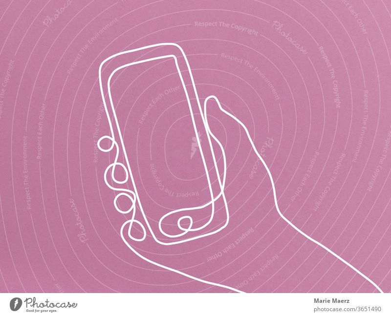 Mobile phone in the hand - line drawing Neutral Background mobile Communicate distraction Addiction Chat by hand Lifestyle Information Curiosity