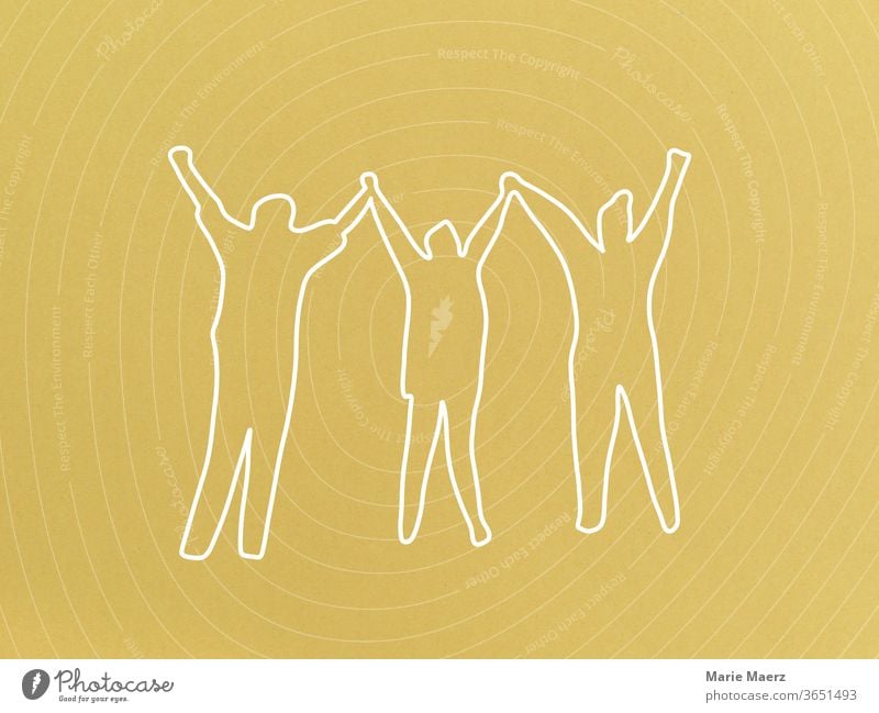 Cheering, joy, friendship: Line drawing with 3 people throwing their hands in the air together Joy Freedom Positive jubilant Success pleased luck Friendship