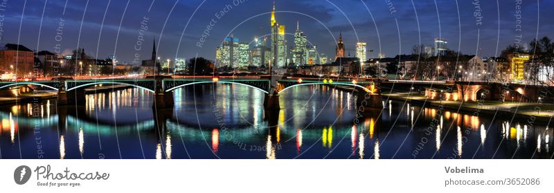 Frankfurt, evening Evening High-rise Main high-rise city evening mood panorama Across Landscape format Town City Skyline Rhein-Main area Hesse Germany brd HDR