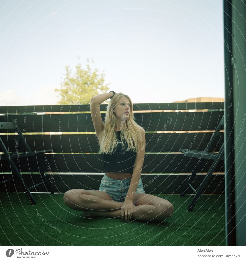 analogue full body portrait of a young, blond, barefoot woman on a balcony Woman Young woman Blonde already Slim Long-haired Esthetic Summer Beautiful weather