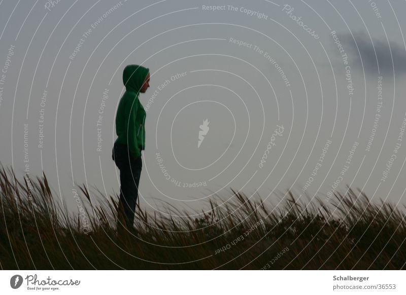 Waiting for better weather Gale Dark Grass Clouds Longing Woman Wind Rain