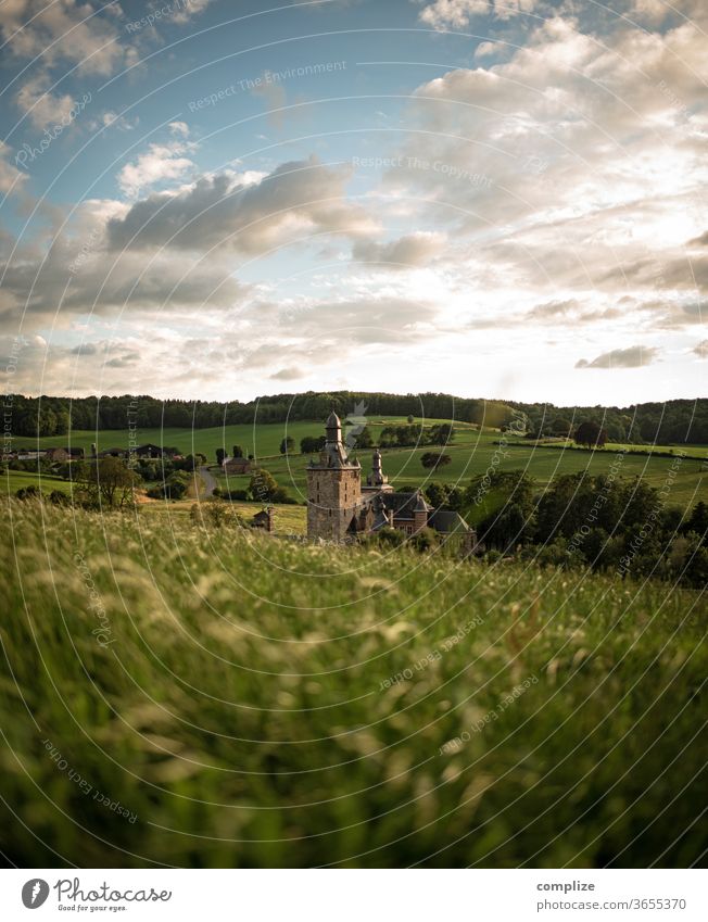 Château de Beusdael Lock Castle Belgium Ardennes Field Meadow Nature Summer hillock hilly green Panorama (View) Vantage point Tourist Attraction