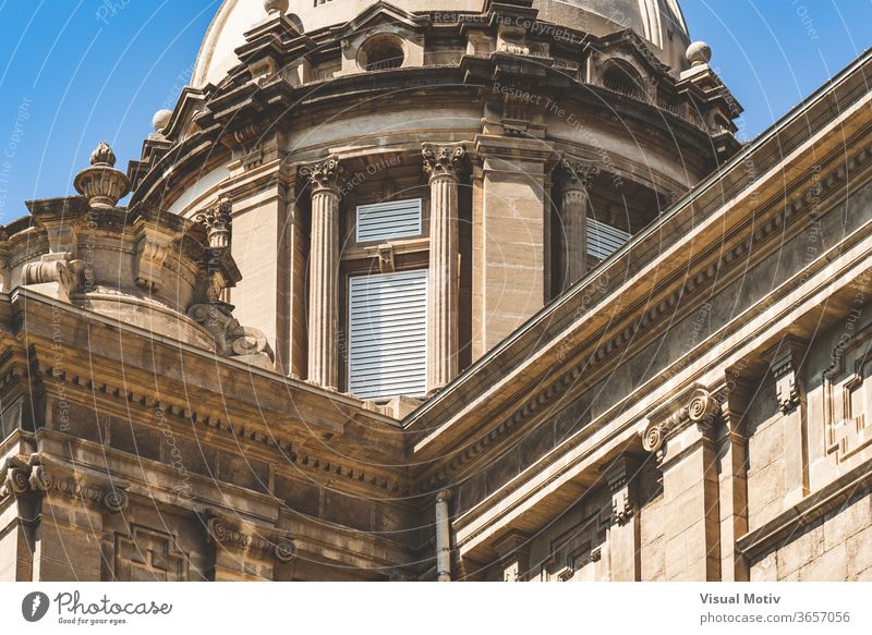 Detail of the central dome and cornices of the National Art Museum of Catalonia in Barcelona aka MNAC detail decorative ornament historic corinthian ionic