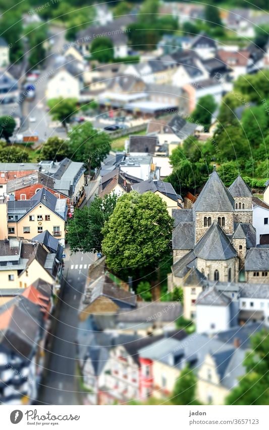 Toy Town. Downtown Small Town Tilt-Shift Miniature Bird's-eye view miniature landscape model building landscape Exterior shot Street Colour photo Surrealism