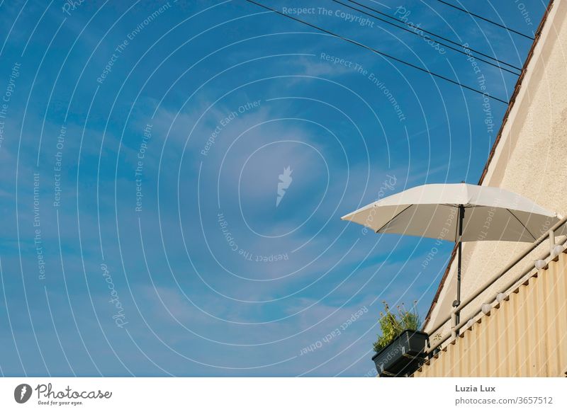 Blue sky, balcony with white parasol - Balconies classic Sky Clouds Sheep Clouds Sunshade Summer Ease far up Tall Exterior shot Colour photo Day Deserted