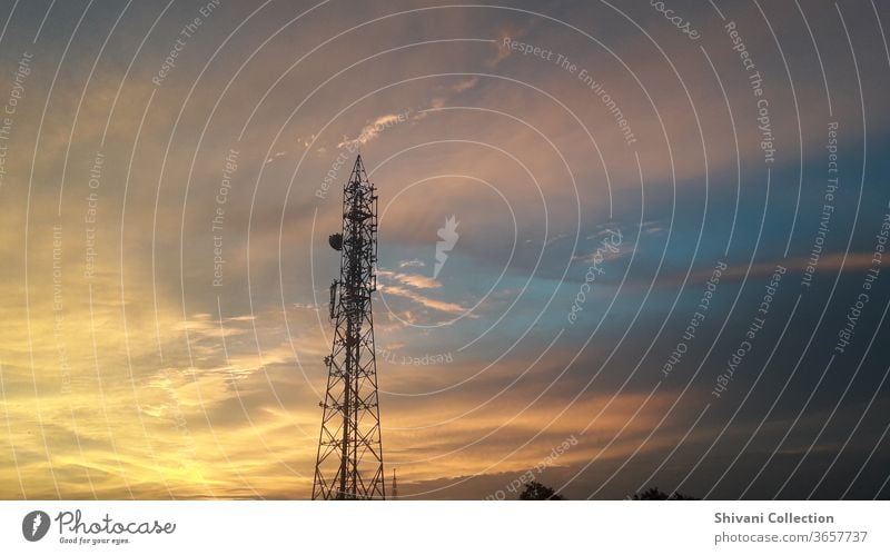 Telecommunication tower with colourful sky abstract background. Copy space nature and environment concepts. transmitter Equipment broadcast Panorama (View)