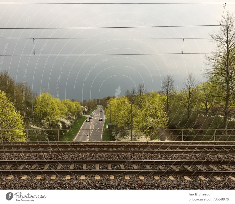 Between electric cables that cut the sky and train rails with a railing, parallel to the cables runs a road on which seven cars are seen in the distance. Right and left in the picture are trees in light and dark green tones.