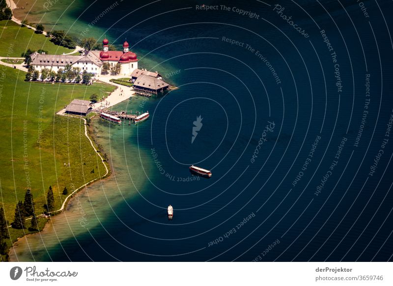 Königssee with the church of St. Bartholomä Wide angle Panorama (View) Long shot Central perspective Deep depth of field Sunrise Sunlight