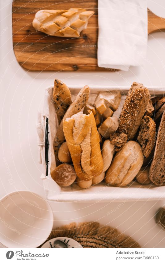 Various types of bread served on table various assorted bun pastry food fresh cut piece breakfast delicious meal tasty morning nutrition snack slice cuisine