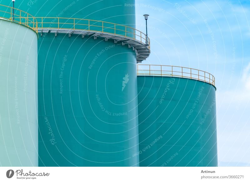 Closeup fuel storage tank in petroleum refinery. Blue big tank of oil storage. Fuel silo. Liquid petroleum tank. Petroleum oil industrial. Fuel station. Oil refinery plant. Petrochemical industry.