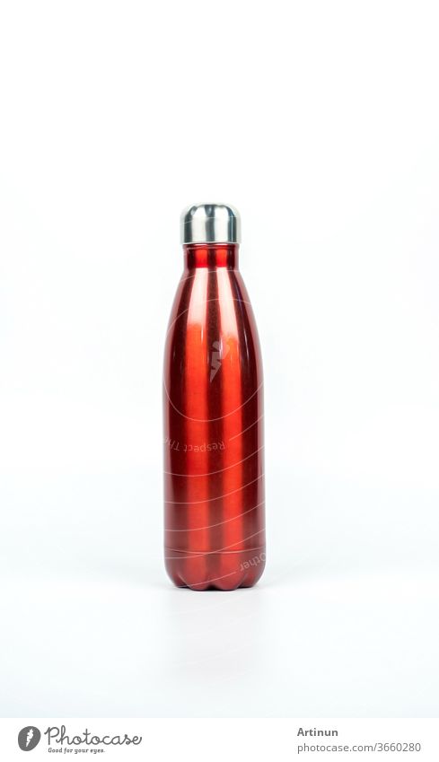 Red thermos bottle with sport design isolated on white background with copy space beverage bottles can coffee cold concept container cover drink elegance flask