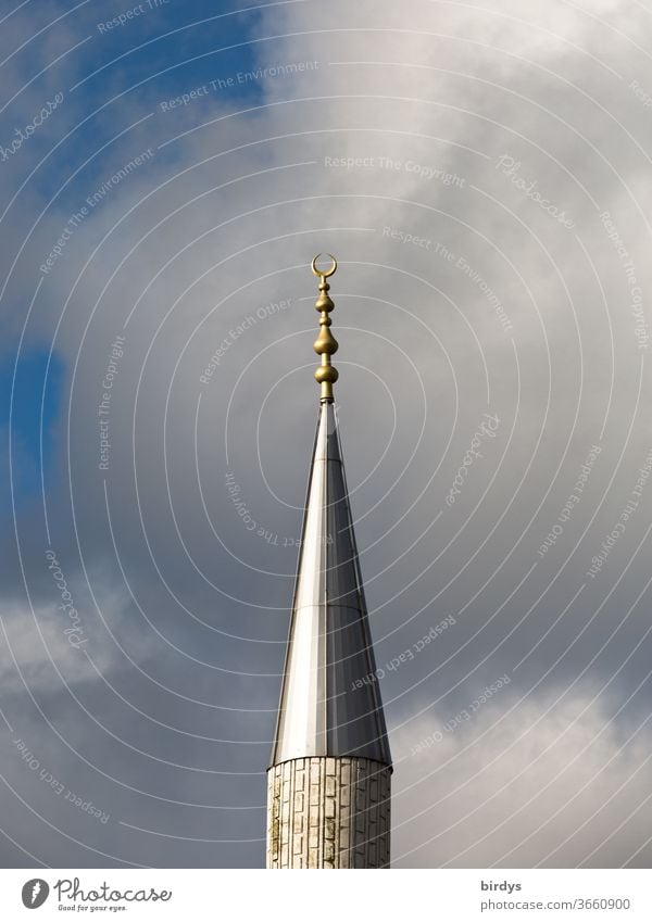 Ditib Mosque in Wesseling - NRW Islam Minaret wesseling DITIB Clouds Sky evening light crescent moon Religion and faith religion Belief reflection Germany