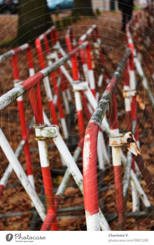 UT HH 2019 | Barriers waiting for the next operation Protective Grating autumn foliage huts Rust dirt frowzy red and white Reddish white White Exterior shot