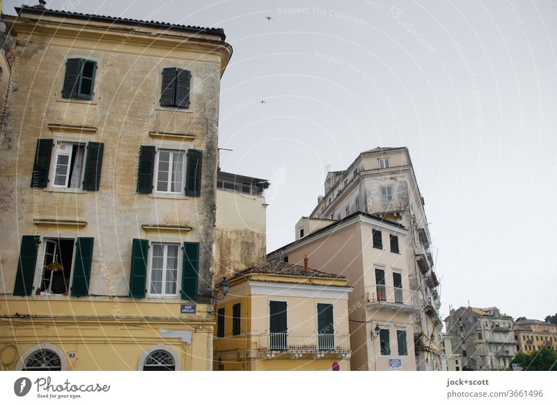 Small houses in the big city Facade Housefront Architecture Past Tradition Historic Downtown Town house (City: Block of flats) Sunlight Old town Size difference