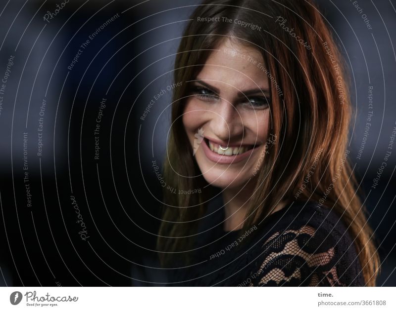 pleasant relief Looking Long-haired portrait conceit actress somber Observe look Laughter Jewellery Good mood relaxation Relief cheerful Joy fun