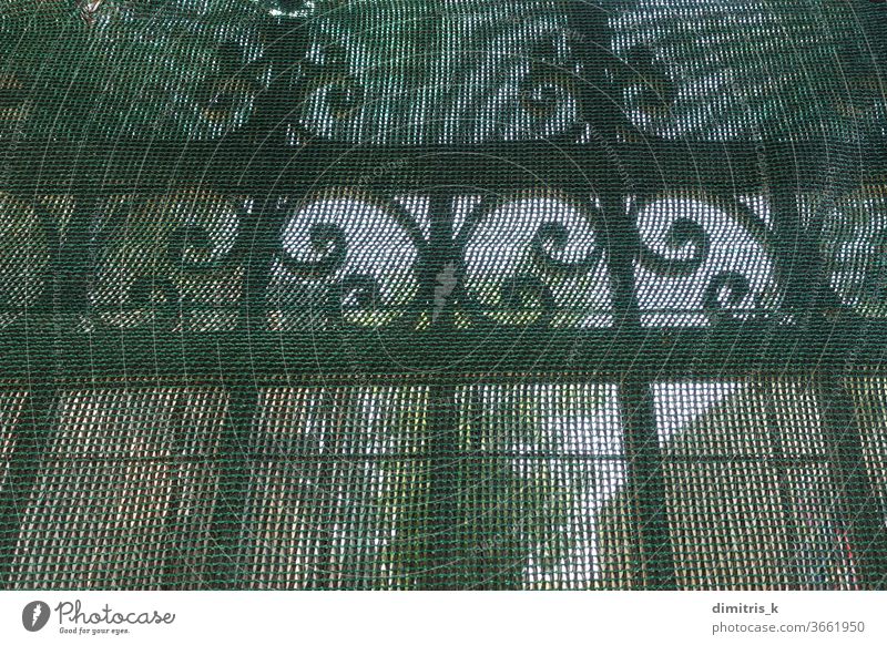 antique metal fence railings under transparent debris netting wrought iron behind pattern decorative ornamental motif rusty old vintage dust abandoned the past