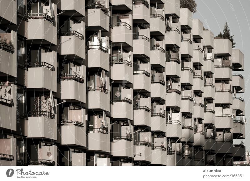 70s residential building in Berlin Town House (Residential Structure) Apartment house Facade Balcony Society Satellite dish Black & white photo Exterior shot