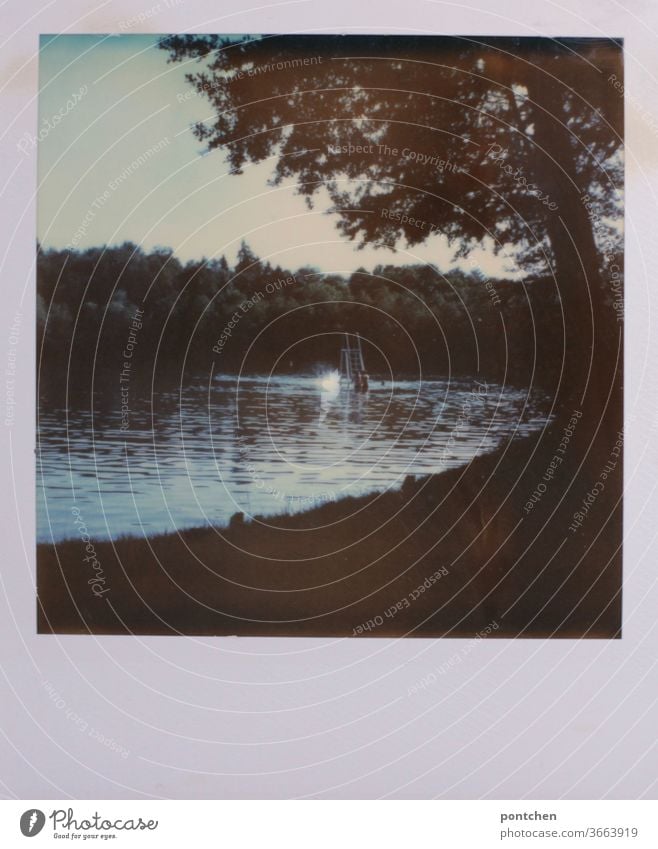 A small diving platform in a lake. Polaroid idyll, nature. Lake Water Idyll Nature Forest Lonely tranquillity Relaxation Landscape Reflection Sky